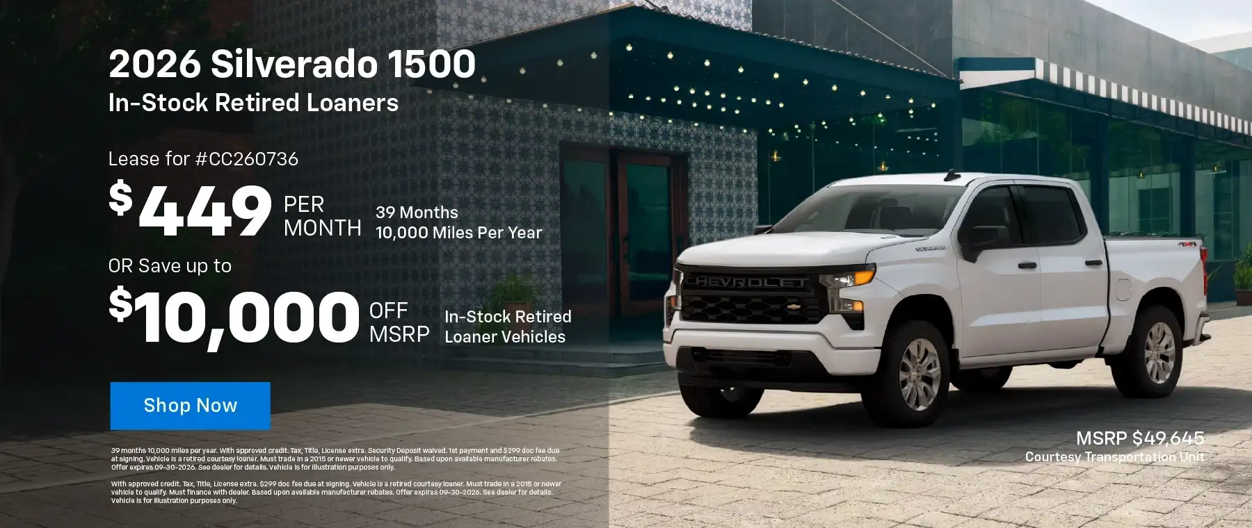 2026 Chevy Silverado 1500 Custom Crew Cab 4x4 - Lease for $449 per month OR Save up to $10,000 off MSRP on all in-stock retired loaner vehicles