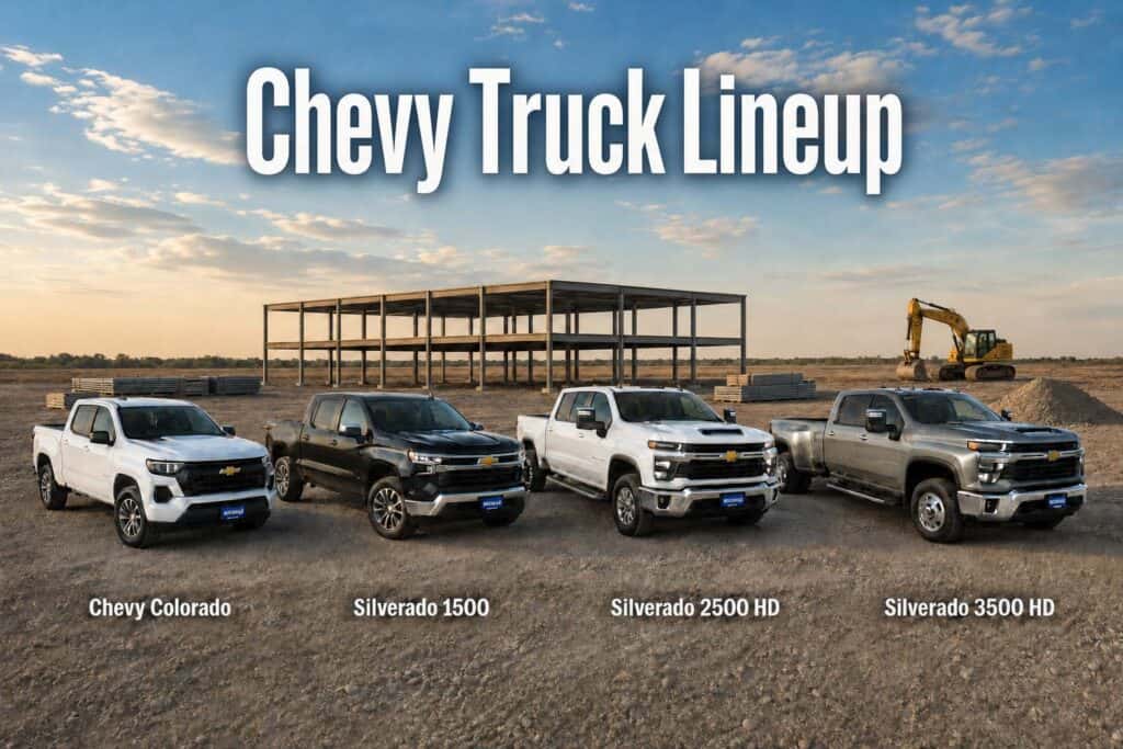 Chevy Colorado, Silverado 1500, Silverado 2500 HD, and Silverado 3500 HD displayed at a rural Nebraska worksite.