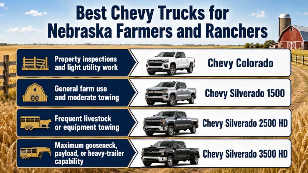 Best Chevy trucks for Nebraska farmers and ranchers, comparing the Colorado, Silverado 1500, Silverado 2500 HD, and Silverado 3500 HD by agricultural need.