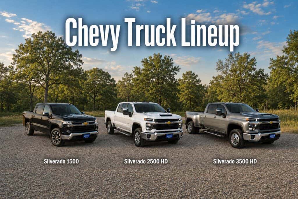 Chevy Silverado 1500, Silverado 2500 HD, and Silverado 3500 HD displayed in a wooded outdoor setting.