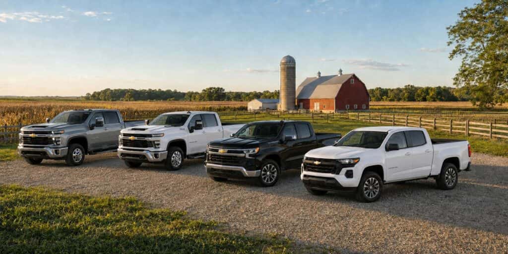Four Chevrolet trucks arranged in a staggered lineup on a rural Nebraska farm, including the Colorado, Silverado 1500, Silverado 2500 HD, and Silverado 3500 HD.