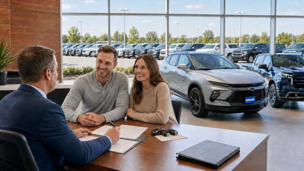 Couple discusses Chevy lease and financing options with a salesperson beside a silver Chevrolet Blazer at a dealership.