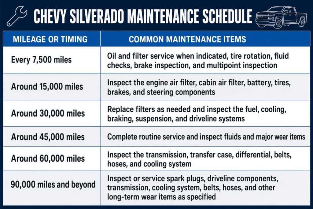 Chevy Silverado maintenance schedule showing recommended service items from 7,500 miles through 90,000 miles and beyond.