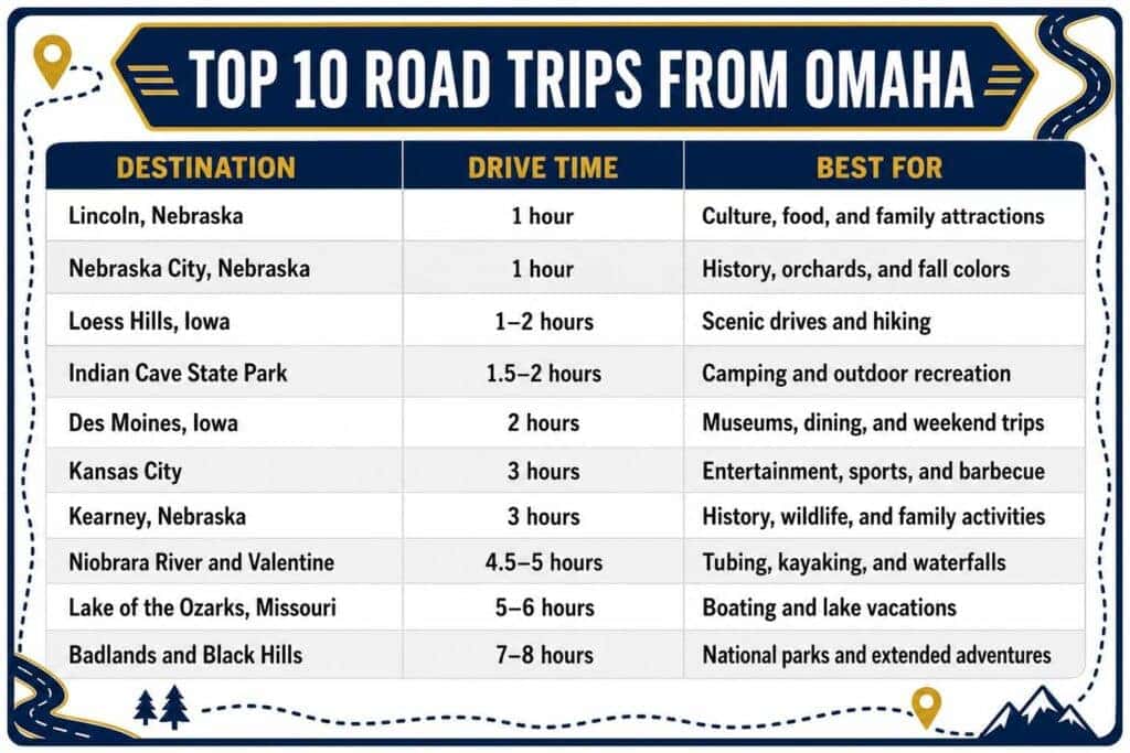 Infographic showing 10 road-trip destinations from Omaha, estimated drive times, and top activities, including Lincoln, Kansas City, the Ozarks, and Black Hills.