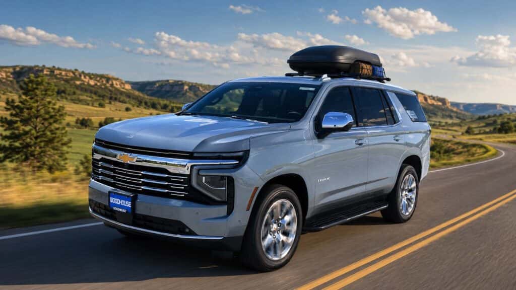 Silver Chevrolet Tahoe with a rooftop cargo carrier driving along a scenic highway through rolling hills.