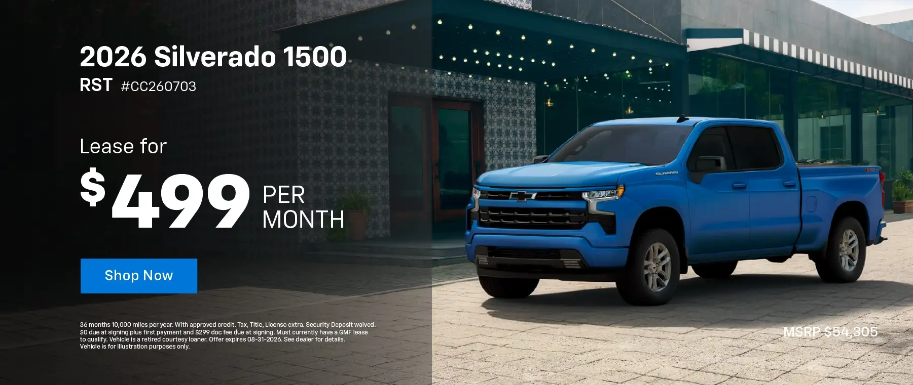 2026 Silverado 1500 RST #CC260703 MSRP $54,305 Lease for $499 Per Month – 36 Months and 10,000 Miles Per Year