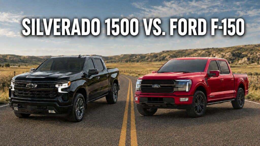 Black Chevrolet Silverado 1500 and red Ford F-150 displayed side by side on a rural road for a full-size truck comparison.