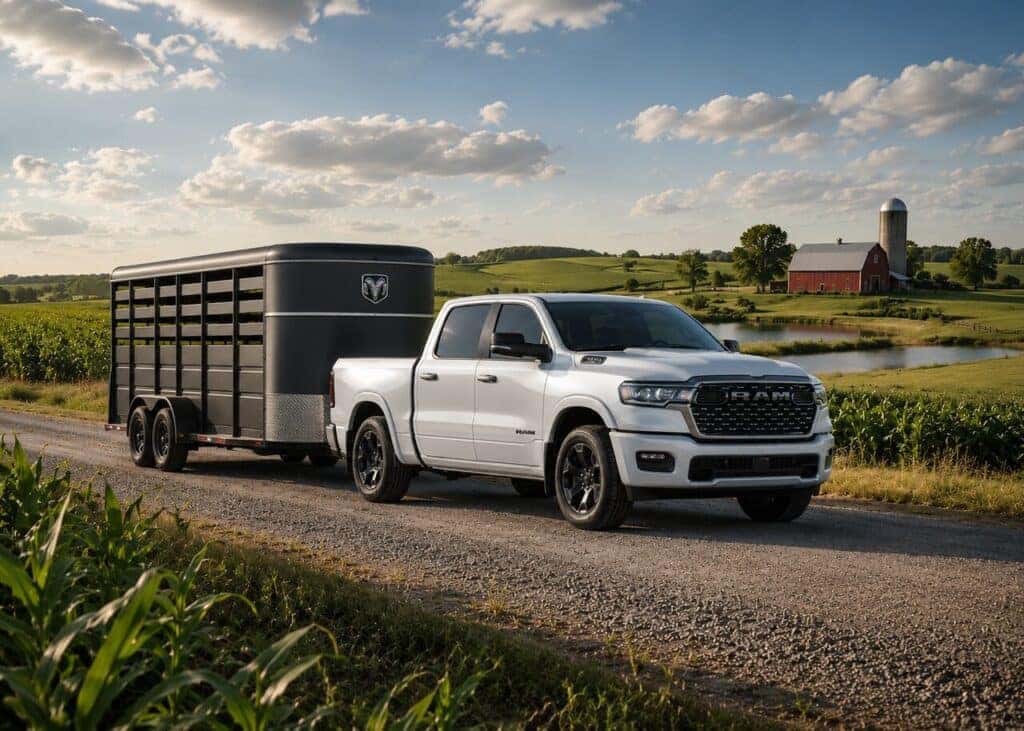 Ram 1500 pulling livestock trailer on Iowa Farm near Sioux City
